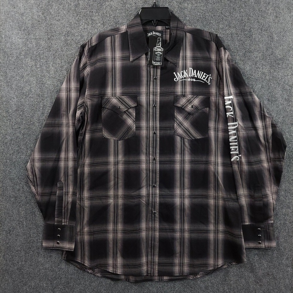 Jack Daniels Shirt Mens Large Black Plaid Long Sleeve Snap Western Embroidered